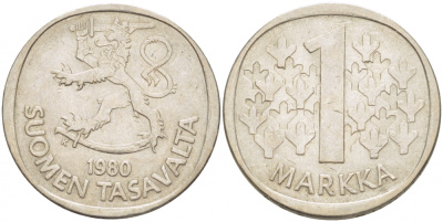 ФИНЛЯНДИЯ 1 МАРКА 1980 K KM 49а медно-никель 3718-816