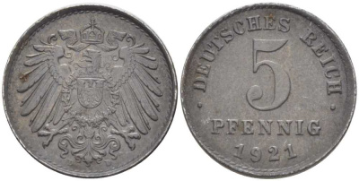 ГЕРМАНИЯ 5 ПФЕННИГОВ 1921 D KM 19, J. 297, Weege 5 железо 206-738