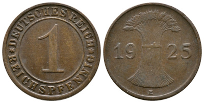 ГЕРМАНИЯ 1 РЕЙХСПФЕННИГ 1925 E KM 37, J. 313 бронза 4380-1124