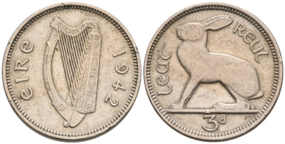 Ирландия 3 пенса 1942 заяц KM 12а медно-никель 92-221