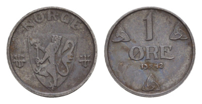 Норвегия 1 эре 1942 Хокон VII (1905-1957) KM 387 железо 4658-123