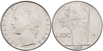 ИТАЛИЯ 100 ЛИР 1982 R, АФИНА У ОЛИВКОВОГО ДЕРЕВА KM 96.1 нержавеющая сталь 4545-723