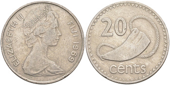 Фиджи 20 центов 1969 Елизавета II (1952-2022), китовый зуб KM 31 медно-никель 4403-635