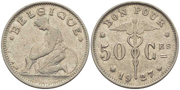 БЕЛЬГИЯ 50 САНТИМОВ 1927 BELGIQUE KM 87 никель 214-425