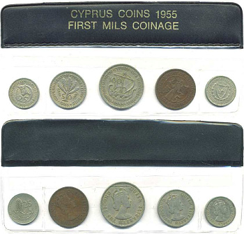 Кипр набор из 5 монет 1955-1968 в целлофане, монеты из оборота (5, 25, 50, 100 И 25 милей) 5-4-3-72