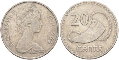 Фиджи 20 центов 1969 Елизавета II (1952-2022), китовый зуб KM 31 медно-никель 4403-635