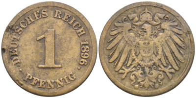 ГЕРМАНИЯ 1 ПФЕННИГ 1896 G KM 10, Jager. 10, Weege 2 медь 4528-1142