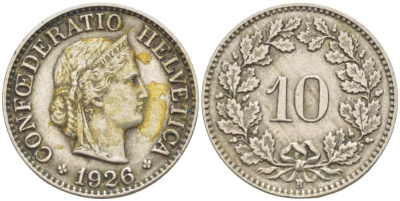 ШВЕЙЦАРИЯ 10 РАППЕНОВ 1926 В KM 27 медно-никель 4513-232