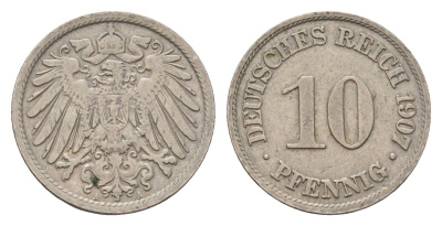 Германия 10 пфеннигов 1907 A, Вильгельм II (1888-1918) KM 12, J. 13 медно-никель 4636-858