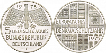 ФРГ 5 марок 1975 F, Европейский год охраны памятников J. 417, KM 142.1 серебро PROOF 4545-1142