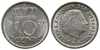 Нидерланды 10 центов 1951 Юлиана (1949-1980) KM 182 никель 3334-414