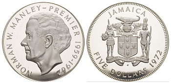 Ямайка 5 долларов 1972 Первый министр Ямайки - Норман Мэнли KM 59 серебро PROOF 1079-8-13