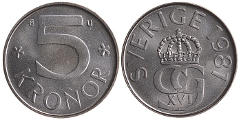 Швеция 5 крон 1981 U Карл XVI Густав (1973- ) KM 853 медно-никель UNC 84-1432