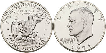 США 1 доллар 1971 S, Президент Эйзенхауэр, лунный орел KM 203a серебро PROOF 1095-5-44