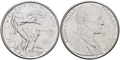 ВАТИКАН 50 ЛИР 1988 ГОД X, ИОАНН ПАВЕЛ II (1978-2005), СОЗДАНИЕ ЕВЫ ИЗ РЕБРА АДАМА KM 208 нержавеющая сталь 4519-452