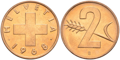 Швейцария 2 раппена 1968 В KM 47 бронза UNC 4573-1217