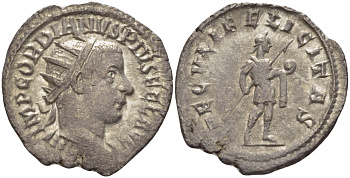 Римская Империя антониниан 242 - 244 Гордиан III, SAECULE FELICITAS, император в военном доспехе с копьем и сферой, Рим, Good Very fine RIC 216 серебро 1073-15-11