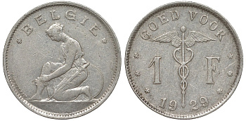 Бельгия 1 франк 1929 Belgie KM 90 никель 51-1751