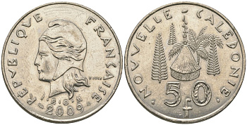 Французская Новая Каледония 50 франков 2009 хижина среди сосен и пальм, (IEOM) KM 13a, Schoen 15a, Lec 128i медно-никель 114-834