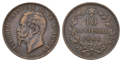 Италия 10 чентезимо 1866 N, Виктор Эммануил II (1861-1878) KM 11 медь 180-713
