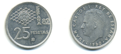 Испания 25 песет 1980 (80) чемпионат мира по футболу KM 818 медно-никель 89-1426