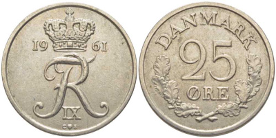 ДАНИЯ 25 ЭРЕ 1961 С;S, ФРЕДЕРИК IX (1947-1972) KM 850 медно-никель 202-726