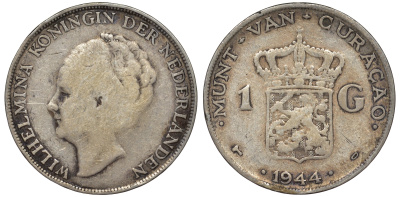 Нидерландское Кюрасао 1 гульден 1944 D, Вильгельмина (1890-1948) KM 45 серебро 36-451