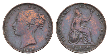 Великобритания 1 фартинг 1843 Виктория (1837-1901) KM 725, Spink 3950 бронза 4658-912