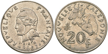 Французская Новая Каледония 20 франков 2003 три быка, (IEOM) KM 12, Schoen 14, Lec 115g никель 81-533