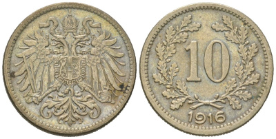 Австрия 10 геллеров 1916 Франц Иосиф I (1848-1916), императорский герб KM 2822 медь цинк никель 192-315