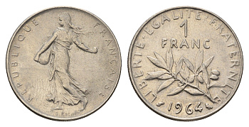 Франция 1 франк 1964 KM 925 никель 4628-845