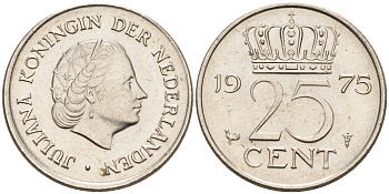 Нидерланды 25 центов 1975 Юлиана (1949-1980) KM 183 никель    4174-663