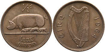 ИРЛАНДИЯ 1/2 ПЕННИ 1964 СВИНЬЯ С ПОРОСЯТАМИ KM 10 бронза 89-1322