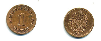 ГЕРМАНИЯ 1 ПФЕННИГ 1874 B, СТАРОГЕРБОВКА KM 1, J. 1 медь 23-641