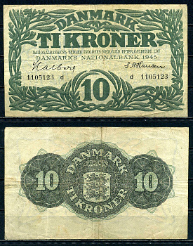 Дания 10 крон 1945 серия d Pick 37 d бумага 6301-44-1-1