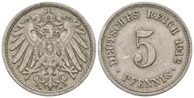 Германия 5 пфеннигов 1912 A, Вильгельм II (1888-1918) KM 11, J. 12 медно-никель 4615-736