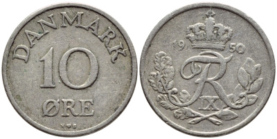 ДАНИЯ 10 ЭРЕ 1950 N; S, ФРЕДЕРИК IX (1947-1972) KM 841.1 медно-никель 4398-913