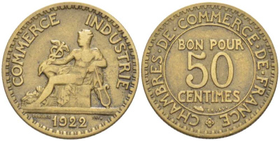 Франция 50 сантимов 1922 тип Chambre de Commerce KM 884, Le Franc 191.5 алюминиевая бронза 201-851