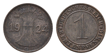 Германия 1 рентенпфенниг 1924 G KM 30, J. 306 бронза 4696-569