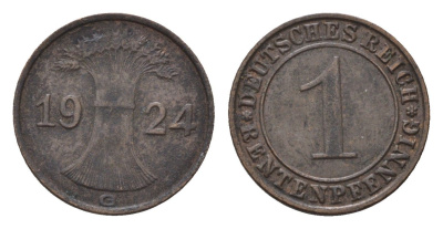 Германия 1 рентенпфенниг 1924 G KM 30, J. 306 бронза 4696-569