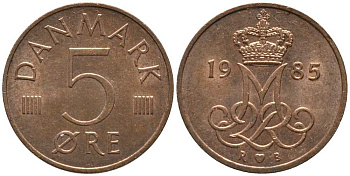 ДАНИЯ 5 ЭРЕ 1985 R; B, МАРГРЕТЕ II (1972-) KM 859.3 железо плакированное медью 116-166