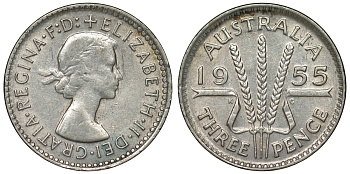 Австралия 3 пенса 1955 m, Елизавета II (1952-2022) KM 57 серебро 71-439