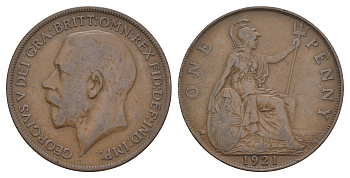 Великобритания 1 пенни 1921 Георг V (1910-1936) KM 810, Spink 4051 бронза 114-536