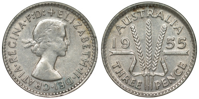 Австралия 3 пенса 1955 m, Елизавета II (1952-2022) KM 57 серебро 71-439