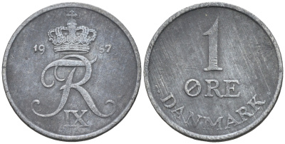 Дания 1 эре 1957 С. S, Фредерик IX (1947-1972) КМ 839.2 цинк    4169-163