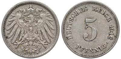 Германия 5 пфеннигов 1912 E, KM 11, J. 12 медно-никель 25-2415