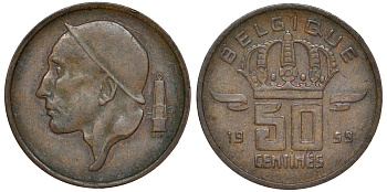 Бельгия 50 сантимов 1959 KM 148 бронза 4174-154