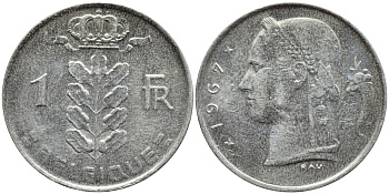 БЕЛЬГИЯ 1 ФРАНК 1967 BELGIQUE KM 142.1 медно-никель 4388-1021