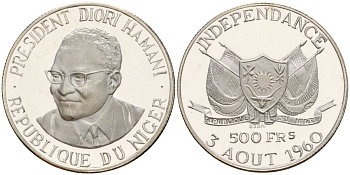 Нигер 500 франков 1960 ESSAI, президент Амани Диори (Hamani Diori), независимость KM E5 серебро PROOF 1099-3-41