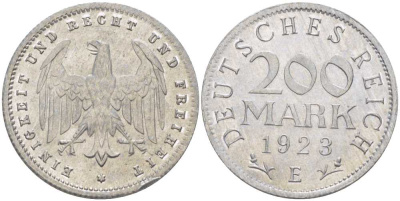 ГЕРМАНИЯ 200 МАРОК 1923 E KM 35, J. 304, Weege 22 алюминий 210-455
